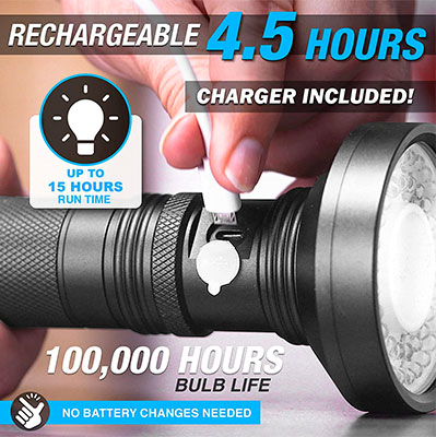 Rechargeable for 4.5 hours, charger included. 100,000 hours of bulb life
