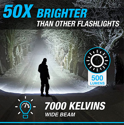 50x brighter than other flashlights with 7000 Kelvin wide beam and 500 lumens